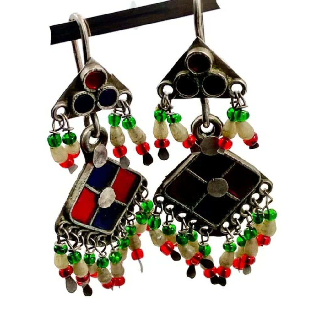 Gypsy Earring, Middle Eastern, Old Silver, Red, Blue Jewels, Glass, Kashmir